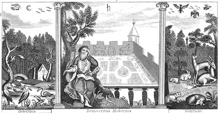 Engraving of Democritus of Abdera seated reading in a garden, a detail from the frontispiece of Robert Burton's The Anatomy of Melancholy